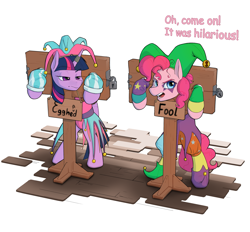 Size: 3121x2894 | Tagged: safe, artist:kirasunnight, pinkie pie, twilight sparkle, alicorn, earth pony, pony, g4, bondage, commission, duo, duo female, female, hat, high res, horn, horn ring, jester, jester hat, jester pie, lock, magic suppression, mare, noodle incident, ring, sign, simple background, stocks, text, twilight sparkle (alicorn), twilight sparkle is not amused, unamused, white background