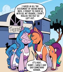 Size: 1074x1220 | Tagged: safe, artist:andypriceart, idw, izzy moonbow, observer (g4), sunny starscout, earth pony, pony, unicorn, g5, spoiler:comic, spoiler:g5comic, spoiler:g5comic08, apology, apron, bracelet, clothes, coat markings, cute, duo, duo female, eyes closed, female, friendship bracelet, jewelry, mane stripe sunny, mare, multicolored mane, reconciliation, shipping fuel, silhouette, smiling, socks (coat markings), theater, unshorn fetlocks