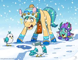 Size: 1482x1133 | Tagged: safe, artist:inuhoshi-to-darkpen, hitch trailblazer, kenneth, sparky sparkeroni, bird, dragon, earth pony, pony, seagull, g5, baby, baby dragon, clothes, ear fluff, gloves, male, open mouth, scared, scarf, shoes, snow, snowfall, stallion, striped scarf