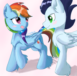 Size: 2427x2386 | Tagged: safe, artist:celedash, rainbow dash, soarin', pegasus, pony, g4, blushing, female, high res, hoof fluff, looking at each other, looking at someone, male, mare, raised hoof, romance, ship:soarindash, shipping, slender, stallion, straight, thin, unshorn fetlocks