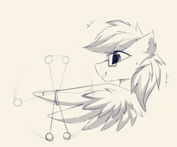 Size: 1800x1500 | Tagged: safe, artist:rieyadraws, derpibooru exclusive, oc, oc only, oc:driftbeat, pegasus, pony, clackers, glasses, happy, male, monochrome, pegasus oc, sketch, solo, stallion, tied, wing hands, wings