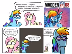 Size: 2223x1666 | Tagged: safe, artist:punkittdev, part of a set, fluttershy, rainbow dash, pegasus, pony, g4, comic, dialogue, duo, duo female, female, horsecomix, madden 08, mare, speech bubble, squint, sweat