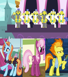 Size: 1280x1440 | Tagged: source needed, safe, edit, edited screencap, screencap, cheerilee, sassy saddles, spitfire, earth pony, pegasus, pony, unicorn, a canterlot wedding, canterlot boutique, g4, hearts and hooves day (episode), newbie dash, armor, clothes, cropped, dress, female, guardfire, male, royal guard, salute, sassyguard, ship:cheeriguard, shipping, shipping domino, stallion, straight, towel