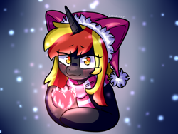 Size: 1600x1200 | Tagged: safe, artist:alex69vodka, oc, oc:java, pony, unicorn, bust, christmas, clothes, female, hat, heart, holiday, horn, looking at you, magic, santa hat, scarf, simple background, unicorn oc