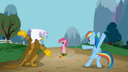 Size: 1000x563 | Tagged: safe, screencap, gilda, pinkie pie, rainbow dash, earth pony, griffon, pegasus, pony, g4, griffon the brush off, season 1, bipedal, butt, dancing, gildonk, glasses, plot, rainbutt dash, tree