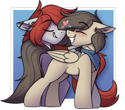 Size: 2148x1901 | Tagged: safe, artist:notetaker, oc, oc only, oc:scarlett lane, oc:snaggletooth, pegasus, pony, clothes, duo, freckles, gay, male, pegasus oc, piercing, scarf