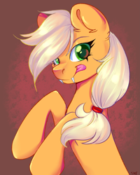 Size: 1731x2160 | Tagged: safe, artist:ske, applejack, earth pony, pony, g4, abstract background, fangs, looking at you, missing accessory, smiling, solo, tongue out