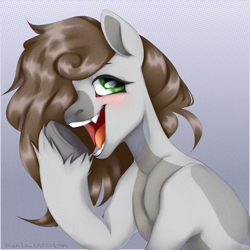 Size: 2000x2000 | Tagged: safe, artist:deadoyster, oc, oc only, oc:cj vampire, earth pony, pony, abstract background, commission, earth pony oc, fangs, high res, looking at you, looking back, looking back at you, smiling, solo, unshorn fetlocks, ych result
