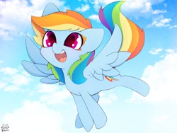 Size: 4000x3000 | Tagged: safe, artist:zokkili, rainbow dash, pegasus, pony, g4, cloud, cute, dashabetes, female, flying, high res, looking at you, mare, open mouth, open smile, signature, sky, smiling, solo, spread wings, wings