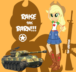 Size: 1000x952 | Tagged: safe, artist:edy_january, artist:sim gretina, applejack, earth pony, human, equestria girls, g4, my little pony equestria girls: better together, album, album cover, assault rifle, boots, chocolate background, cowboy boots, cowboy hat, cowgirl, cowgirl outfit, gun, hat, hellcat (tank), m16, m16a4, m18 super hellcat, music, orange background, raise this barn, raise this barn (song), rifle, shoes, sim gretina, simple background, song, stetson, super hellcat (tank), tank (vehicle), texas, weapon