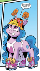Size: 575x1004 | Tagged: safe, artist:andy price, idw, izzy moonbow, pony, unicorn, g5, spoiler:comic, spoiler:g5comic, spoiler:g5comic08, 20% cooler, antennae, apron, bow, clothes, confident, decoration, female, flower, grin, heart, helmet, mare, roller skates, skates, smiling, solo, sparkles