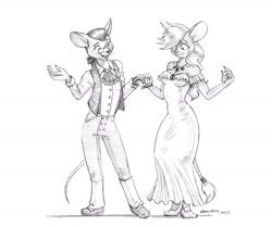 Size: 1400x1173 | Tagged: safe, artist:baron engel, applejack, oc, oc:king trafalgar maximilian augustus leopold iii, mouse, anthro, plantigrade anthro, g4, black and white, clothes, dress, female, grayscale, male, monochrome, mousified, pencil drawing, species swap, story included, traditional art, transformation