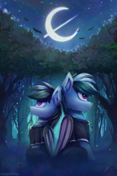 Size: 2000x3000 | Tagged: safe, artist:adagiostring, oc, oc only, bat pony, pony, bat pony oc, bat wings, brother, brother and sister, clothes, cute, duo, duo male and female, female, high res, male, male and female, mare, moon, night, robe, siblings, sister, sitting, stallion, stars, tree, wings