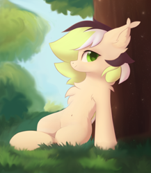 Size: 2464x2844 | Tagged: safe, artist:verlista, oc, oc only, unnamed oc, bat pony, pony, belly, belly button, chest fluff, colored wings, ear fluff, female, fluffy, grass, green eyes, green hair, high res, looking at you, mare, sitting, smiling, solo, three toned mane, tree, two toned wings, wings