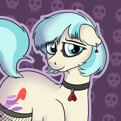 Size: 1342x1342 | Tagged: safe, artist:czaroslaw, coco pommel, earth pony, pony, g4, abstract background, alternate hairstyle, collar, ear piercing, earring, eyeshadow, female, fishnet stockings, goth, jewelry, makeup, mare, piercing, solo