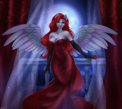 Size: 2000x1800 | Tagged: safe, artist:alicesmitt31, oc, oc only, oc:prism shift, pegasus, anthro, backlighting, balcony, big breasts, breasts, cleavage, clothes, curtains, dress, evening dress, evening gloves, evening gown, female, flower, full body, gloves, gown, hair over one eye, lidded eyes, long dress, long gloves, looking at you, moon, rose, solo, spread wings, wings