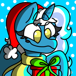 Size: 1280x1280 | Tagged: safe, artist:solostudios9898, oc, oc only, oc:fleurbelle, alicorn, pony, alicorn oc, christmas, clothes, female, hat, holiday, horn, mare, present, santa hat, scarf, smiling, snow, snowfall, solo, wings, yellow eyes