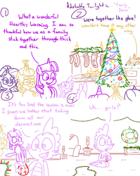 Size: 4779x6013 | Tagged: safe, artist:adorkabletwilightandfriends, moondancer, spike, starlight glimmer, twilight sparkle, alicorn, dragon, pony, unicorn, comic:adorkable twilight and friends, g4, adorkable, adorkable twilight, candle, christmas, christmas decoration, christmas lights, christmas stocking, christmas tree, clothes, comic, cute, dork, fireplace, happy, hearth's warming, hearth's warming tree, hiding, holiday, running away, slice of life, stockings, thigh highs, tree, twilight sparkle (alicorn), wreath