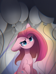 Size: 1600x2100 | Tagged: safe, artist:miryelis, pinkie pie, earth pony, pony, g4, alone, balloon, big ears, gradient background, impossibly large ears, long hair, looking up, pinkamena diane pie, sad, simple background, sitting, solo