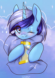 Size: 1024x1449 | Tagged: safe, artist:cottonaime, minuette, pony, unicorn, g4, blushing, cloud, cute, cutie mark, looking at you, minubetes, one eye closed, pillow, solo, wink