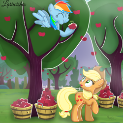 Size: 1300x1300 | Tagged: safe, artist:mlplary6, applejack, rainbow dash, earth pony, pegasus, pony, g4, apple, apple tree, duo, duo female, eating, eyes closed, female, food, friends, herbivore, mare, smiling, surprised, tree