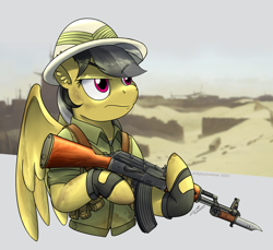 Size: 1920x1757 | Tagged: safe, artist:buckweiser, daring do, series:daring did tales of an adventurer's companion, g4, ak-47, akm, assault rifle, badass, bayonet, clothes, commission, dirty, fanfic art, fingerless gloves, gloves, gun, rifle, scar, serious, serious face, solo, weapon, ych result