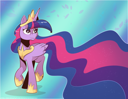 Size: 2814x2175 | Tagged: safe, artist:saturdaymorningproj, twilight sparkle, alicorn, pony, g4, the last problem, abstract background, cel shading, crown, ethereal mane, female, flowing mane, folded wings, high res, hoof shoes, impossibly long mane, jewelry, lightly watermarked, long mane, looking up, mare, older, older twilight, older twilight sparkle (alicorn), peytral, princess shoes, princess twilight 2.0, raised hoof, raised leg, regalia, shading, simple background, starry mane, striped mane, twilight sparkle (alicorn), watermark, wings