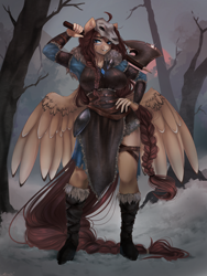 Size: 1500x2000 | Tagged: safe, artist:alicesmitt31, oc, oc only, oc:ondrea, pegasus, anthro, unguligrade anthro, axe, braid, braided tail, breasts, female, forest, hand on hip, jewelry, necklace, skull, solo, tail, weapon, wings