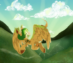 Size: 1774x1533 | Tagged: safe, artist:pagophasia, derpibooru exclusive, oc, oc only, oc:hortis culture, hybrid, pony, backlighting, cloud, collar, crepuscular rays, day, detailed background, ear tufts, eyes closed, flying, frog (hoof), full body, glasses, grass, hill, horns, leaf, mountain, nonbinary, open mouth, open smile, round glasses, smiling, solo, sunrise, underhoof, unshorn fetlocks, valley, wings
