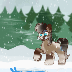 Size: 1200x1200 | Tagged: safe, artist:bluemoon, oc, oc only, oc:ice shard, fish, yakutian horse, animated, blaze (coat marking), chest fluff, coat markings, commission, facial markings, feather, fluffy, forest, gif, hairband, male, snow, snowfall, solo, tree, unshorn fetlocks, ych result