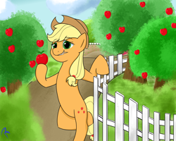 Size: 2500x2000 | Tagged: safe, artist:reinbou, applejack, earth pony, pony, g4, apple, apple tree, bipedal, fence, food, high res, solo, sweet apple acres, tree