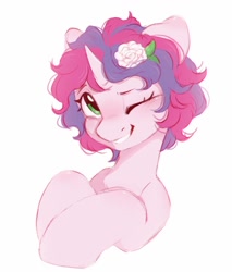 Size: 868x1018 | Tagged: safe, artist:melodylibris, oc, oc only, oc:melody (melodylibris), pony, unicorn, blushing, bust, cute, female, flower, flower in hair, grin, horn, looking up, mare, ocbetes, one eye closed, rose, simple background, smiling, solo, unicorn oc, white background, white rose
