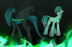 Size: 3004x1963 | Tagged: safe, artist:enderbee, queen chrysalis, oc, changeling, changeling queen, pony, unicorn, g4, antagonist, butt, canon x oc, chest fluff, commission, evil, fire, full body, horn, plot, standing, unicorn oc, ych result