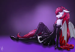 Size: 1180x820 | Tagged: safe, artist:stirren, oc, oc only, bat pony, anthro, bat pony oc, breasts, clothes, commission, dress, female, gloves, latex, latex dress, looking at you, looking back, pinup, pose, socks, solo, thigh highs, ych result