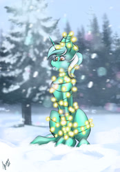Size: 820x1180 | Tagged: safe, artist:stirren, lyra heartstrings, pony, unicorn, g4, christmas, christmas lights, female, forest, garland, holiday, l.u.l.s., mare, silly, silly pony, sitting, slender, snow, snowfall, solo, tangled up, thin, tree