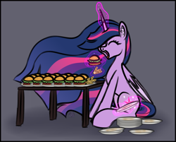 Size: 2925x2350 | Tagged: safe, alternate version, artist:sadfloorlamp, twilight sparkle, alicorn, pony, g4, season 9, the last problem, burger, cartoon physics, colored, colored wings, concave belly, cute, digestion without weight gain, ear fluff, eating, ethereal mane, ethereal tail, eyelashes, eyes closed, female, food, frame, french fries, glowing, glowing horn, hammerspace, hammerspace belly, high res, horn, lightly watermarked, long mane, long tail, magic, magic aura, mare, no source available, older, older twilight, older twilight sparkle (alicorn), open mouth, plate, princess twilight 2.0, signature, sitting, slender, solo, striped mane, striped tail, stuffing, table, tail, tall, telekinesis, that pony sure does love burgers, that pony sure does love eating, thin, twiabetes, twilight burgkle, twilight sparkle (alicorn), two toned wings, watermark, wings