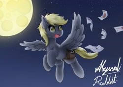 Size: 3508x2480 | Tagged: safe, alternate version, artist:abyssalrabbit, derpy hooves, pegasus, pony, g4, bag, digital art, female, flying, high res, mail, mailbag, mare, moon, night, outline, signature, sky, solo, spread wings, wings