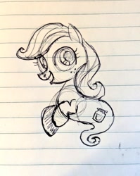 Size: 815x1024 | Tagged: safe, artist:mellodillo, oc, oc only, ghost, ghost pony, pony, female, filly, foal, freckles, lined paper, open mouth, open smile, pen drawing, smiling, solo, traditional art