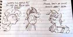 Size: 1024x525 | Tagged: safe, artist:mellodillo, applejack, pinkie pie, twilight sparkle, earth pony, pony, unicorn, g4, book, bust, confused, dialogue, eyes closed, female, floppy ears, lined paper, mare, open mouth, pen drawing, traditional art, trio, unicorn twilight