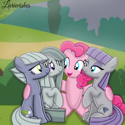 Size: 1300x1300 | Tagged: safe, artist:mlplary6, limestone pie, marble pie, maud pie, pinkie pie, earth pony, pony, g4, female, group hug, hug, looking at each other, looking at someone, mare, open mouth, open smile, pie sisters, sibling love, siblings, sisters, sitting, smiling, smiling at each other, when she smiles, wrong cutie mark