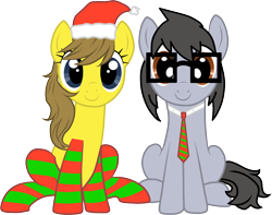 Size: 2008x1583 | Tagged: safe, artist:silver-bristle, derpibooru exclusive, oc, oc only, oc:liz (cardshark777), oc:silver bristle, earth pony, pony, 2023 community collab, derpibooru community collaboration, brown eyes, clothes, duo, earth pony oc, female, glasses, gray mane, gray tail, hat, male, mare, necktie, show accurate, simple background, sitting, smiling, socks, stallion, striped socks, transparent background