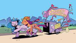 Size: 3840x2160 | Tagged: safe, artist:andypriceart, edit, idw, izzy moonbow, sunny starscout, earth pony, pony, unicorn, g5, spoiler:comic, spoiler:g5comic, spoiler:g5comic08, 4k, apron, bracelet, clothes, cute, duo, duo female, eyes closed, female, friendship bracelet, galloping, high res, jewelry, mane stripe sunny, mare, multicolored mane, open mouth, open smile, shipping fuel, skates, smiling, smoothie cart, unshorn fetlocks, upscaled, waifu2x
