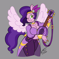 Size: 1600x1600 | Tagged: safe, artist:speed-fiend, pipp petals, pegasus, anthro, g5, adorapipp, bard, big breasts, breasts, busty pipp petals, cleavage, crossover, cute, dungeons and dragons, fantasy class, female, gray background, looking at you, lute, musical instrument, one eye closed, pen and paper rpg, rpg, simple background, solo
