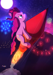 Size: 1240x1754 | Tagged: safe, artist:ace play, pinkie pie, earth pony, pony, g4, 2023, fireworks, moon, new year, night, pinkie being pinkie, rocket, smiling, solo focus, starry night, this will end in death, this will end in tears, this will end in tears and/or death