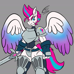 Size: 1920x1920 | Tagged: safe, artist:speed-fiend, zipp storm, pegasus, anthro, g5, armor, clothes, crossover, dungeons and dragons, ear piercing, fantasy class, female, fighter, fingerless gloves, gauntlet, gloves, gray background, pen and paper rpg, piercing, rpg, scar, simple background, solo, sword, warrior, warrior zipp storm, weapon