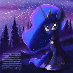 Size: 2048x2048 | Tagged: safe, artist:thebigstuff89, princess luna, alicorn, pony, g4, flowing mane, forest, high res, night, shooting star, solo, stars, text