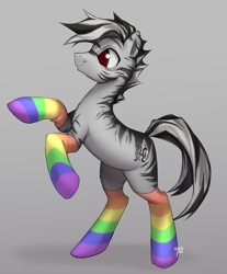 Size: 2982x3600 | Tagged: safe, artist:oops pio, oc, oc only, zebra, clothes, full body, gradient background, gray background, happy, high res, male, rainbow socks, simple background, smiling, socks, solo, stallion, standing, standing on two hooves, striped socks, zebra oc