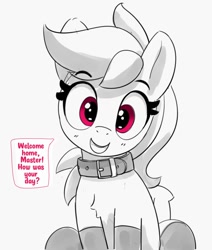 Size: 1272x1498 | Tagged: safe, artist:pabbley, rainbow dash, pegasus, pony, g4, chest fluff, clothes, collar, cute, dashabetes, female, femsub, grayscale, looking at you, mare, master, monochrome, partial color, pet-dash, pony pet, simple background, smiling, smiling at you, solo, stockings, submissive, talking to viewer, thigh highs, white background