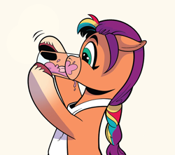 Size: 850x750 | Tagged: safe, artist:andy price, idw, sunny starscout, earth pony, pony, g5, spoiler:comic, spoiler:g5comic, spoiler:g5comic08, apron, behaving like a dog, clothes, cute, drinking, female, floppy ears, glass, horse problems, licking, mane stripe sunny, mare, multicolored mane, smoothie, solo, sunnybetes, tongue out, unshorn fetlocks