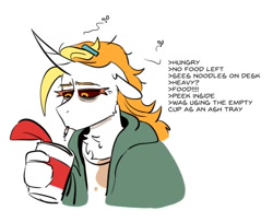 Size: 614x498 | Tagged: safe, artist:redxbacon, oc, oc:dyx, alicorn, anthro, choker, cigarette, clothes, cup noodles, jacket, ponytail, smoking, solo, stain, text